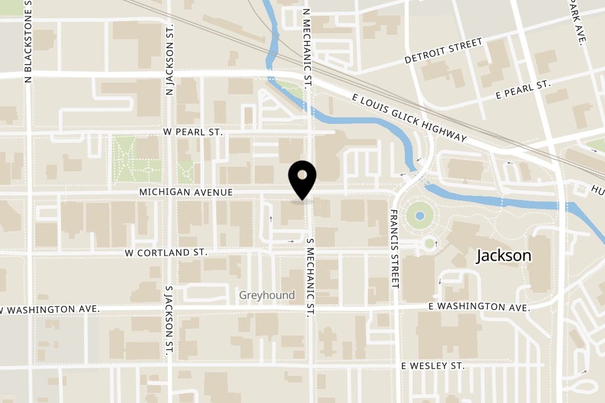 Map showing the location of Chilango's Burrito Bar on 101 W Michigan Ave in Jackson